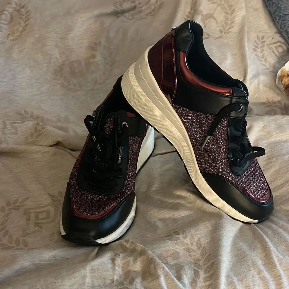 Michael kors georgie wedge trainers /sneakers black pink red glitter bling